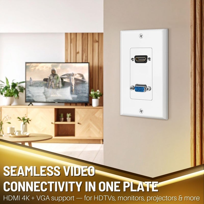 TNP Products TNP HDMI + VGA Wall Plate Port Jack 4k UHD ARC/eARC Ethernet Pass-Thru Full HDCompatible & VGA Composite Audio Video Wall Face Plate Panel Outlet Cover - Image 2